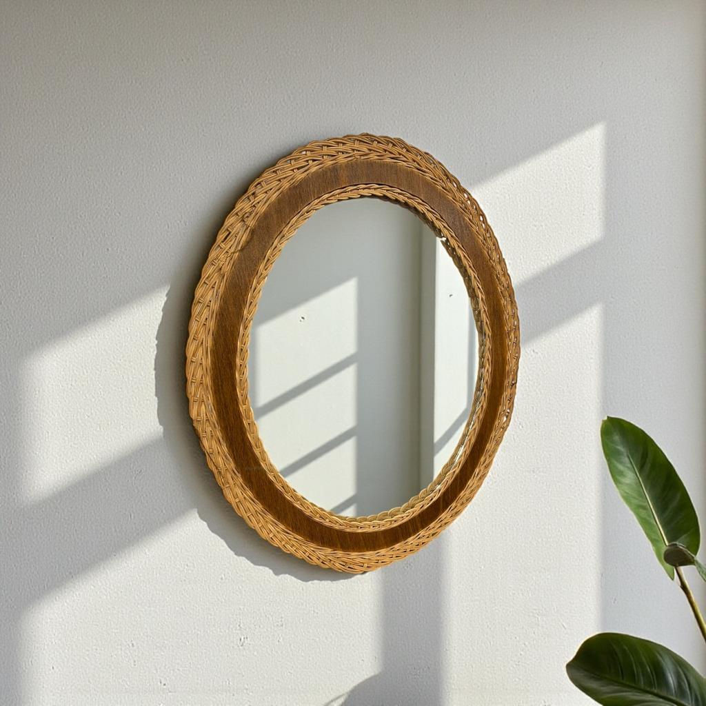 vintage rotan spiegel / rieten wandspiegel, Ophalen of Verzenden