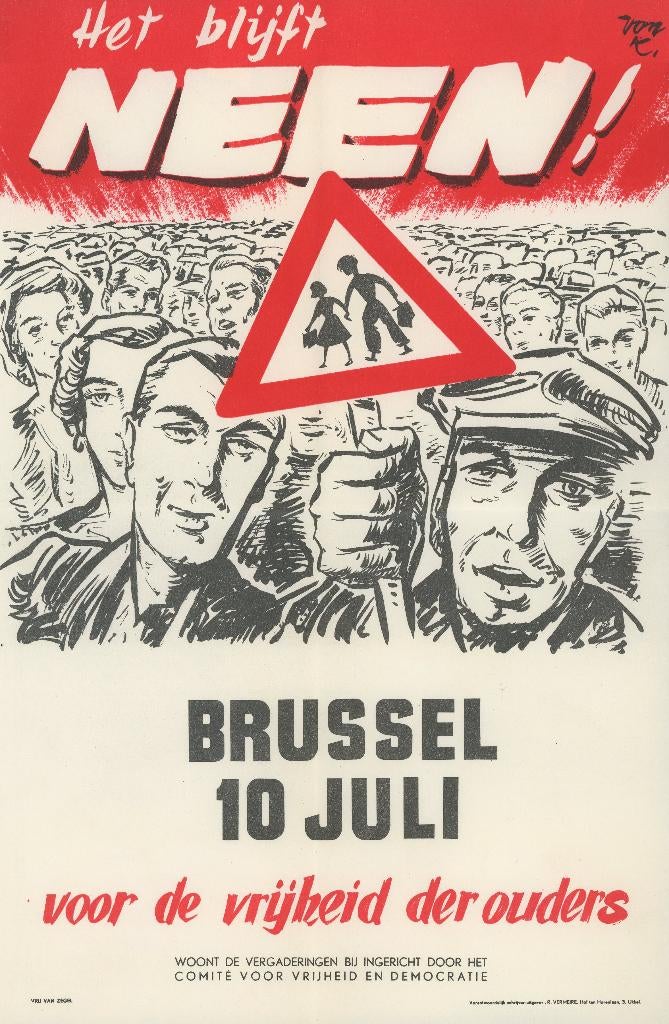 Affiche schoolstrijd 1955, Rechthoekig Staand, A4 of kleiner, Ophalen of Verzenden, Zo goed als nieuw