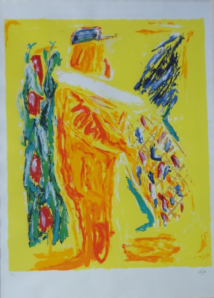 ETIENNE ELIAS / TYPISCHE FIGURATIE / ZEEFDRUK / 122x94cm KAD, Antiek en Kunst, Ophalen