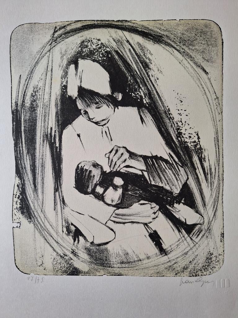 Gevoelige litho Freddy Vandyck Jong meisje met pop, Antiek en Kunst, Kunst | Litho's en Zeefdrukken, Ophalen of Verzenden