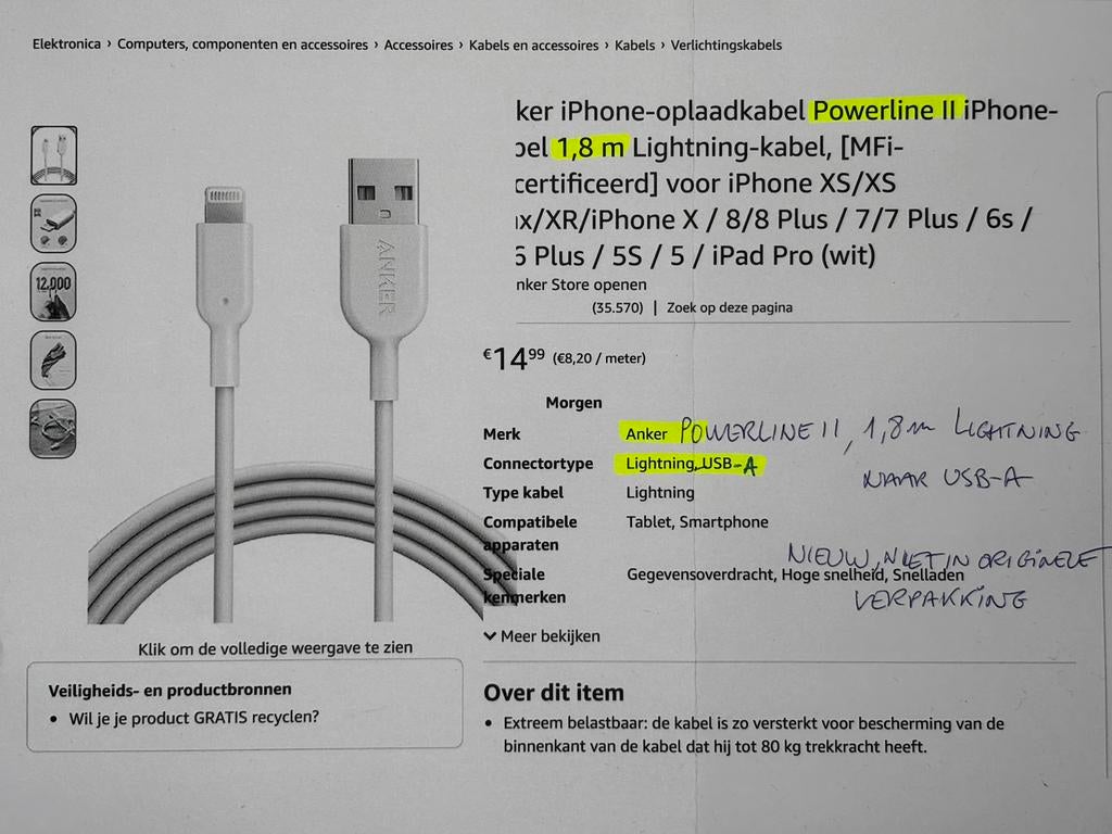 Anker iphone laadkabel, Ophalen, Nieuw, Snoer of kabel