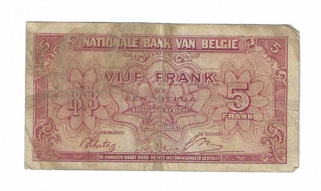 Billet de 5 BEF (1 Belga) de la Belgique (Munt 0001), Enlèvement ou Envoi, Billets en vrac