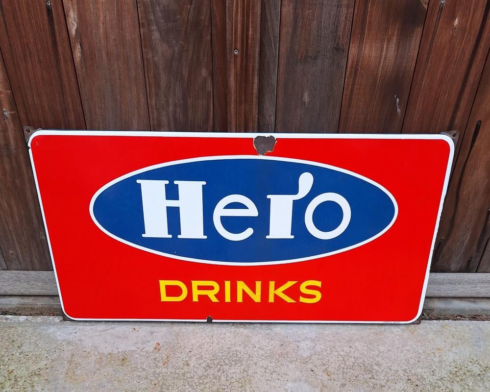 Tof en groot emaille bord van Hero Drinks, Langcat Bussum., Ophalen of Verzenden, Gebruikt, Reclamebord