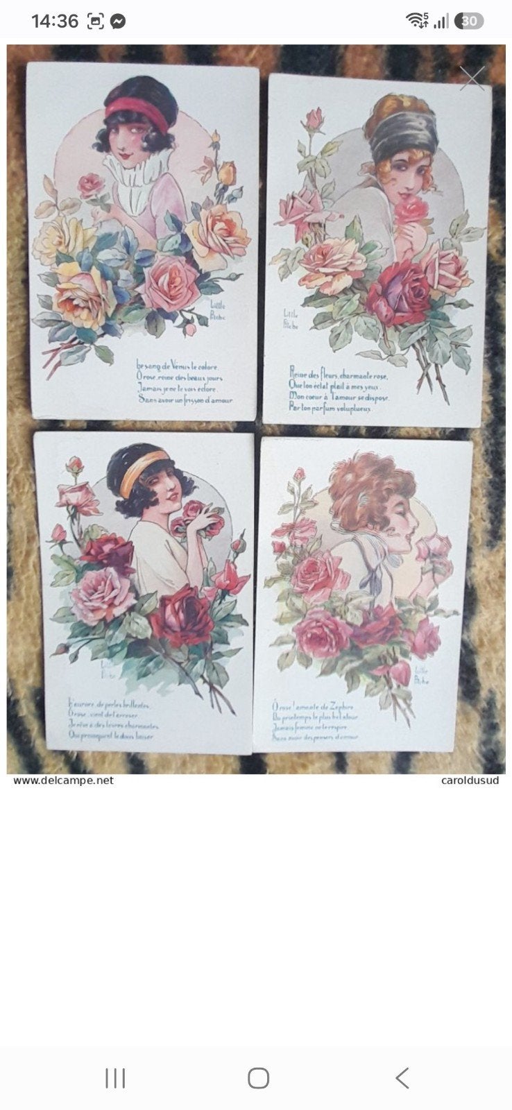 lot 4x litho little pitche femme portrait  rose poeme, Enlèvement ou Envoi, 1920 à 1940, Non affranchie, Autres thèmes