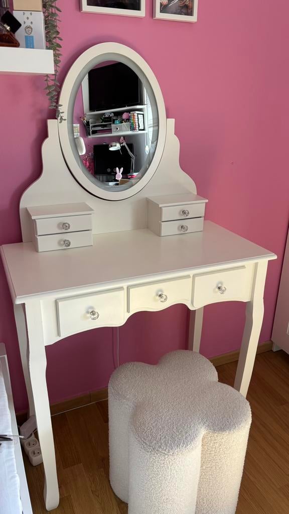 Coiffeuse avec miroir intégré + pouf (inclus), Maison & Meubles, Tables | Coiffeuses, Utilisé, 100 à 150 cm, Moins de 50 cm, Bois