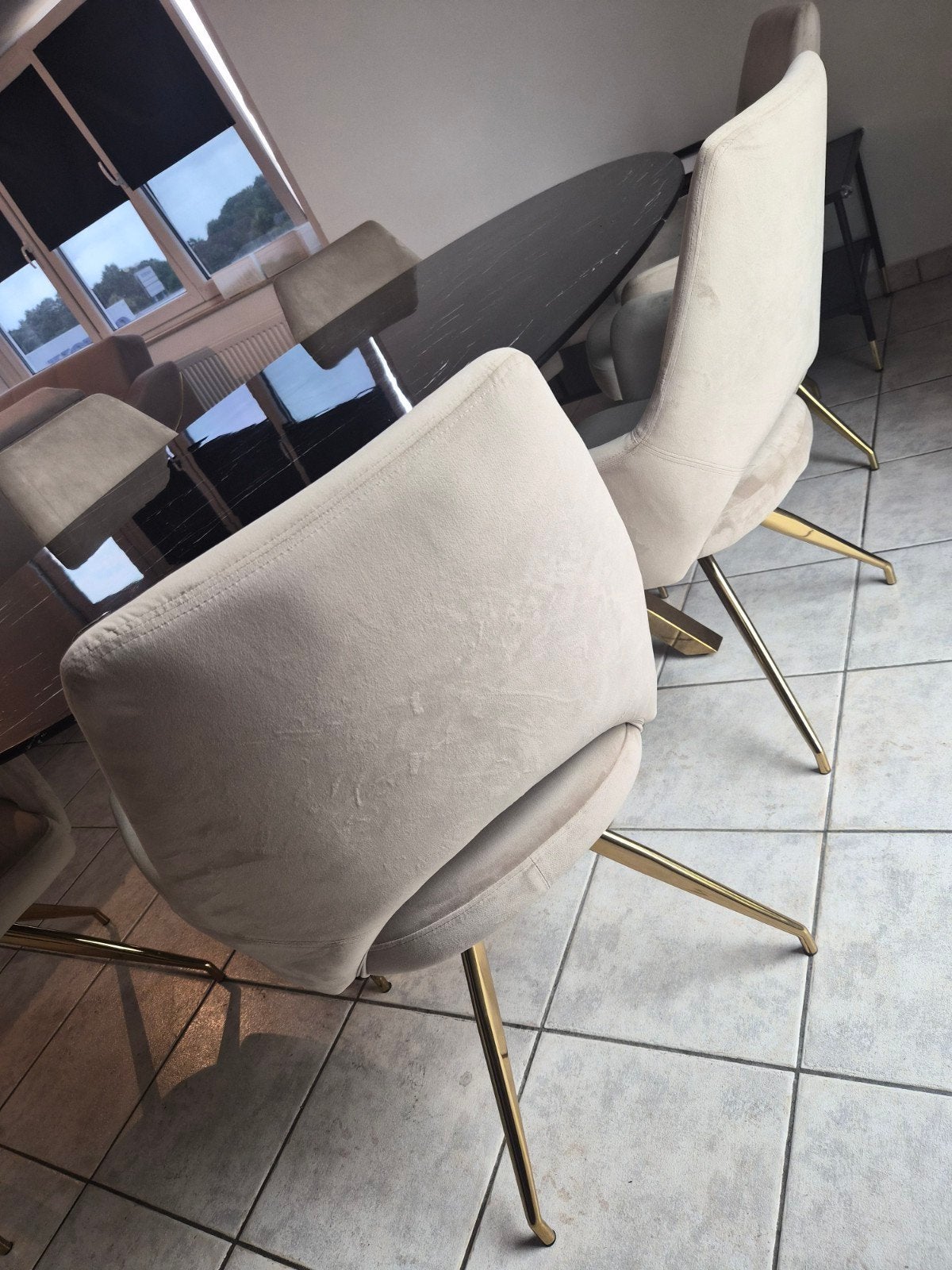 Luxe eettafel in glas met 6 stoelen – zwarte marmerlook goud, Ophalen, Gebruikt, Modern, 4 tot 6 stoelen