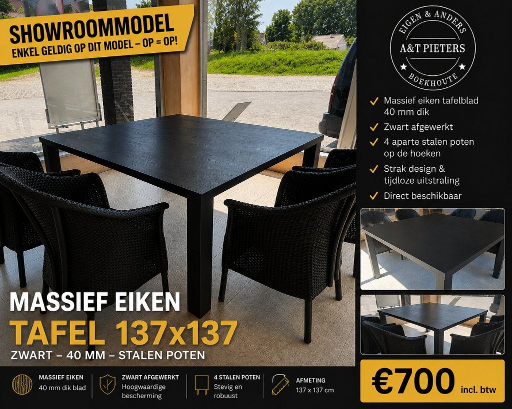 massief eikenhouten tafel zwart 2K., Huis en Inrichting, Tafels | Eettafels, Ophalen, Nieuw, Landelijk, Vijf personen of meer