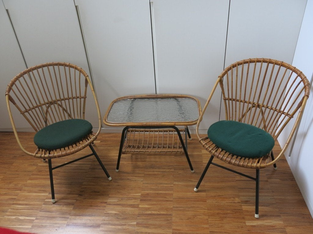 Vintage rotan stoelenset Rohe Noordwolde + tafel, Tuin en Terras, Ophalen, Gebruikt, Rotan, Stoel