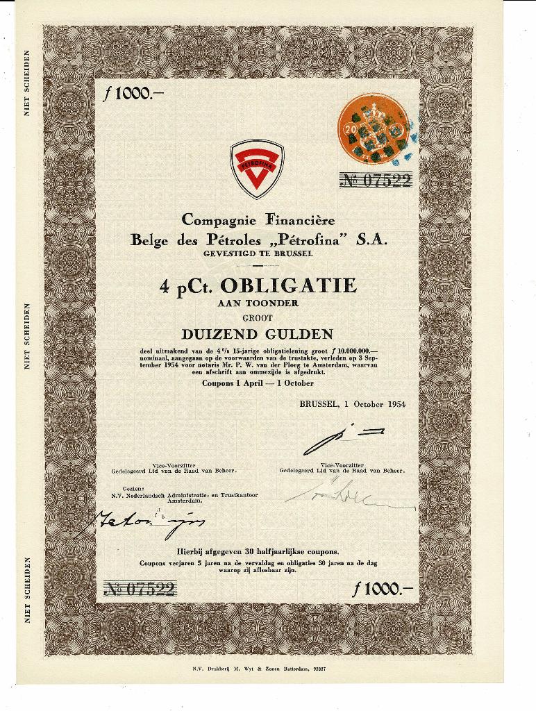 Belge des Pétroles Pétrofina - Brussel 1954 - Obligatie 1000, Verzenden, 1950 tot 1970, Obligatie of Lening