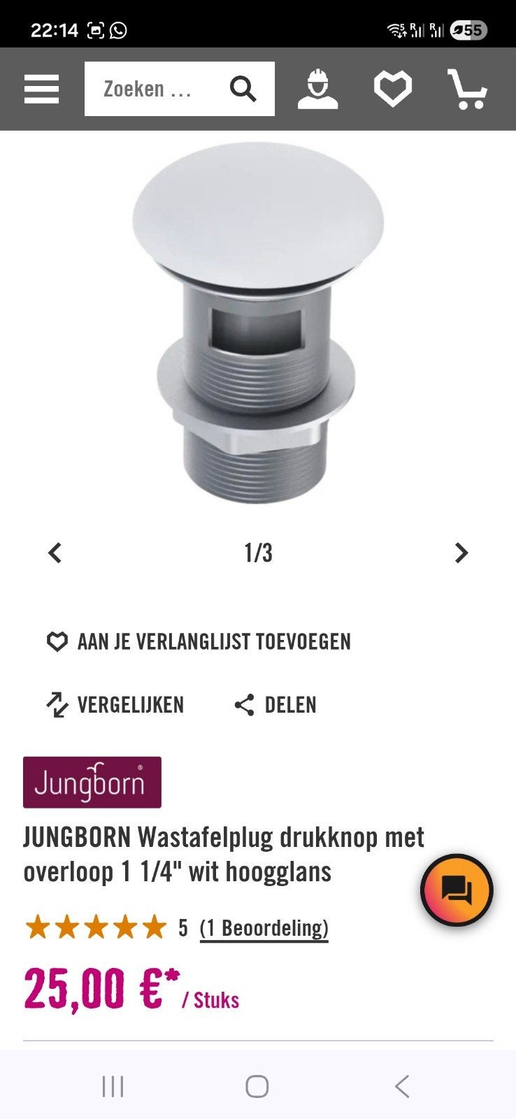 JUNGBORN Wastafelplug drukknop met overloop 1 1/4" silver ho, Huis en Inrichting, Deurbellen, Ophalen