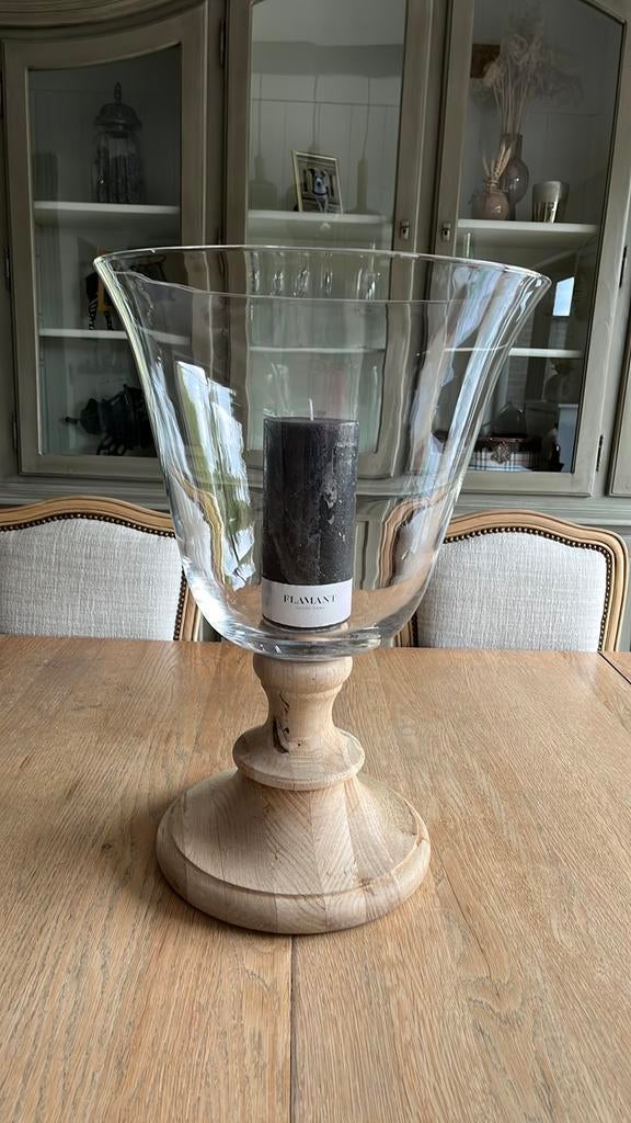 Grote glazen stolp met houten voet van het merk Flament, Ophalen, Zo goed als nieuw, Kaars