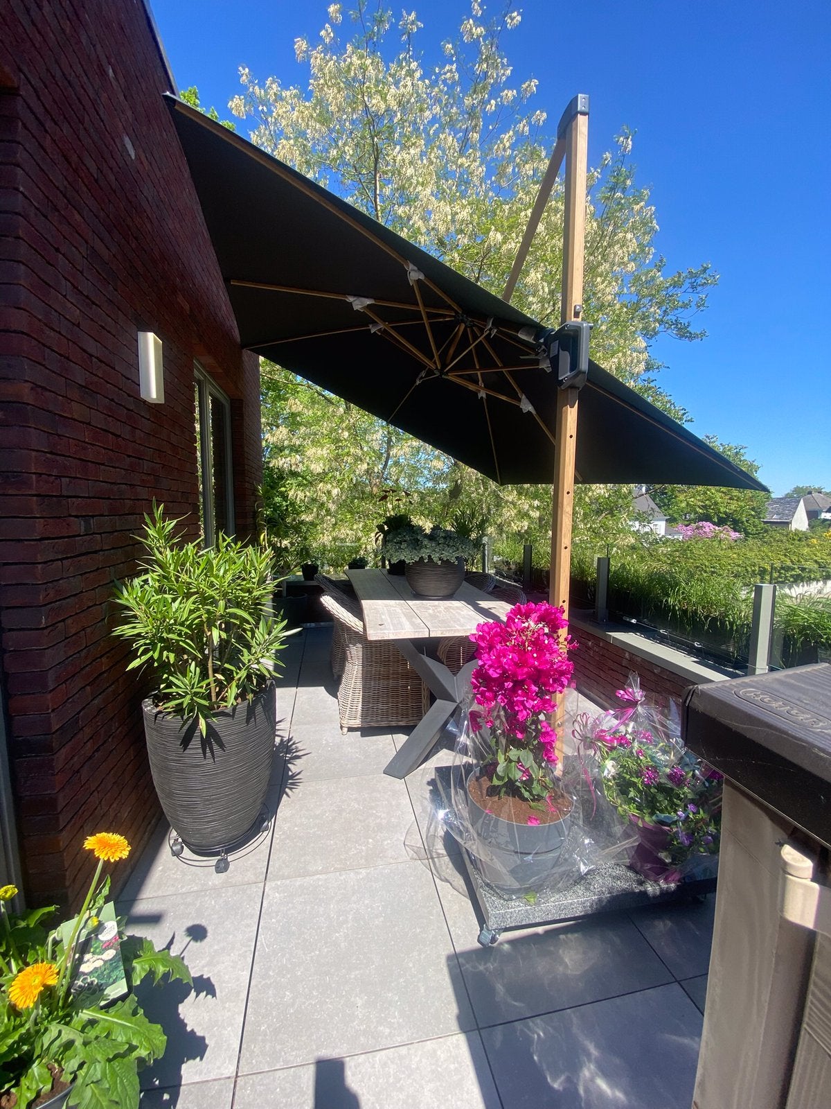 Mooie teak parasol 3mx3m+90kg rollende voet+beschermhoes+led, Ophalen of Verzenden, Zo goed als nieuw, Parasolvoet