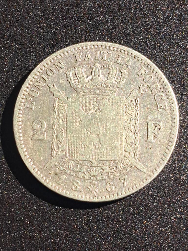 1867 België 2 francs in zilver Leopold II, Postzegels en Munten, Verzenden, Zilver, Losse munt, Zilver