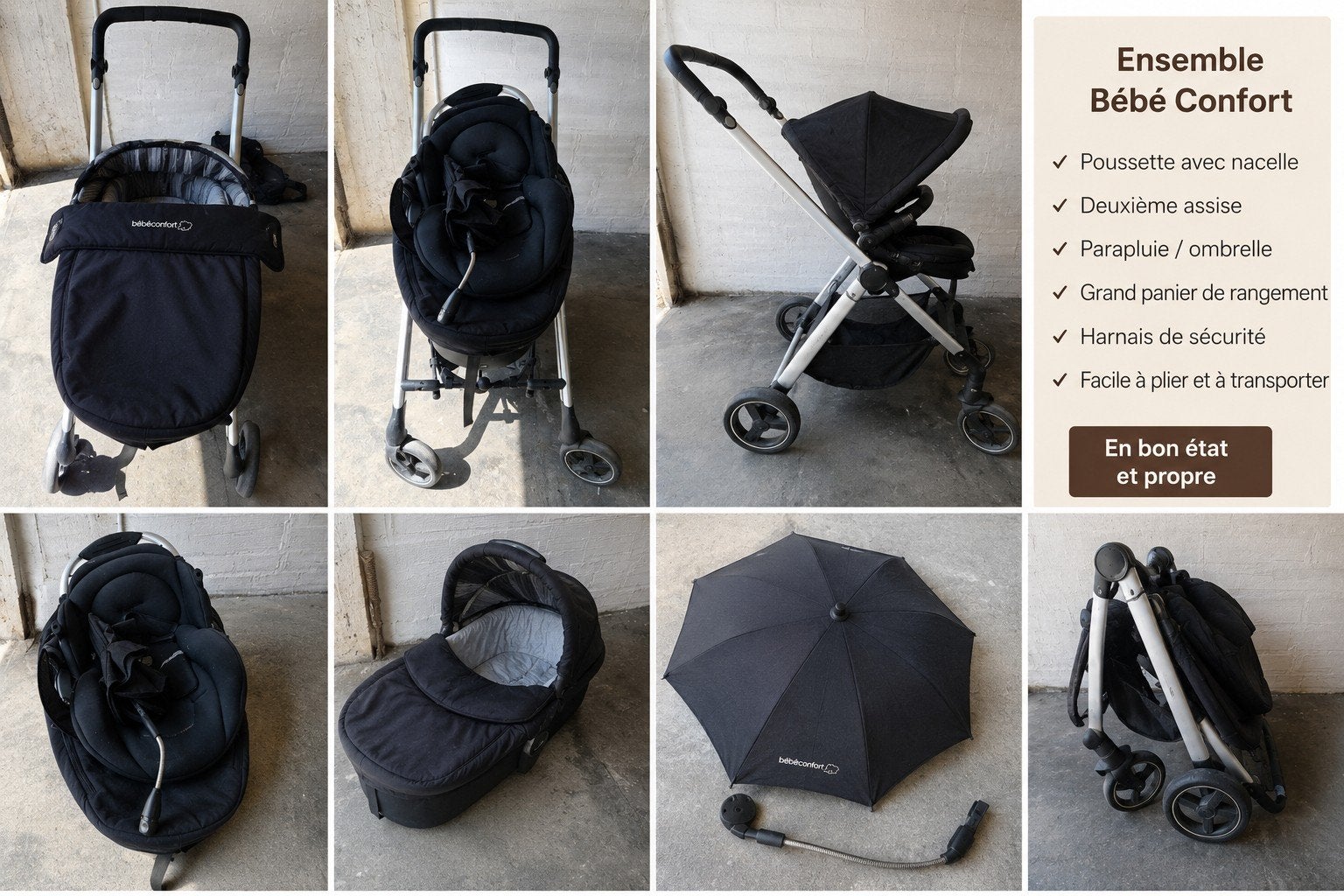 Poussette Bébé Confort complète – nacelle + 2e assise + para, Enlèvement