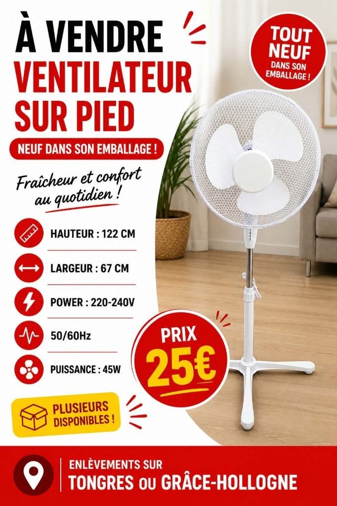 ventilateur sur pied sur pied  neuf tjs emballé jamais servi, Neuf, Enlèvement, Ventilateur sur pied, 3 vitesses ou plus