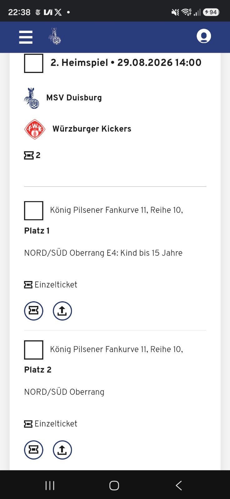 2 tickets MSV Duisburg - Wurzburger Kickers op 29/8