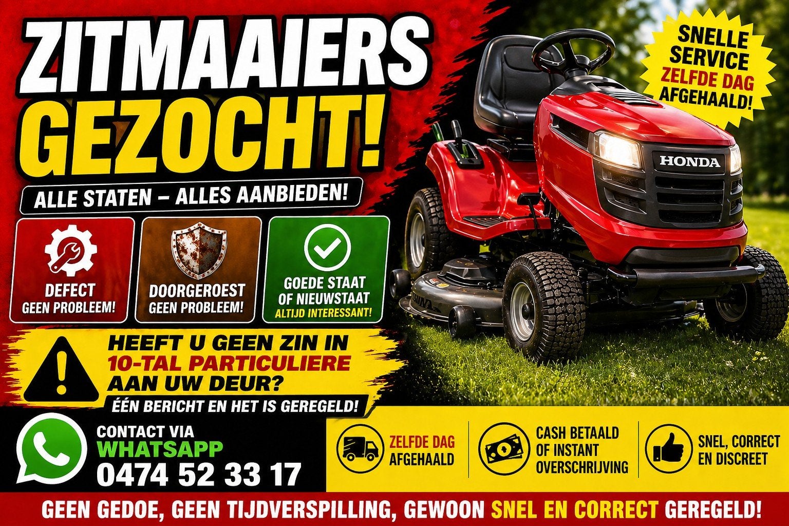 Zitmaaiers 🚨gezocht🚨🚨 alles aanbieden werkende/defect, Ophalen, Opvangbak