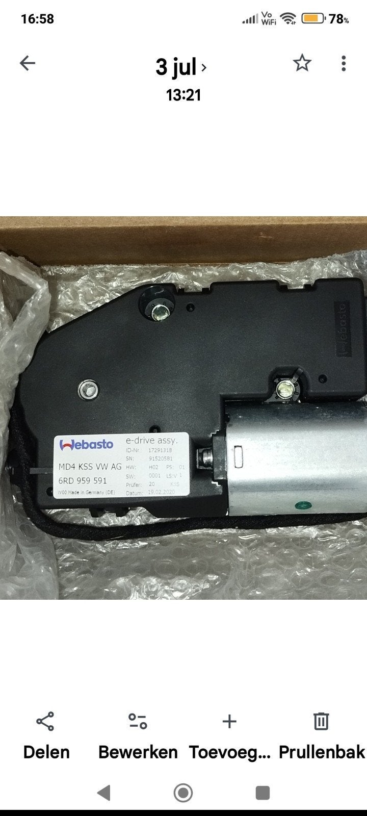 moteur électrique toit ouvrant e-assy, Autos : Pièces & Accessoires, Vitres & Accessoires, Enlèvement ou Envoi, Volkswagen