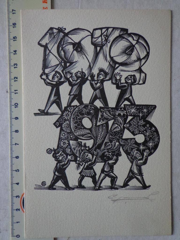 Houtsnede van Gerard Gaudaen Nieuwjaarswensen voor 1973, Antiek en Kunst, Kunst | Etsen en Gravures, Ophalen of Verzenden, Houtsnede