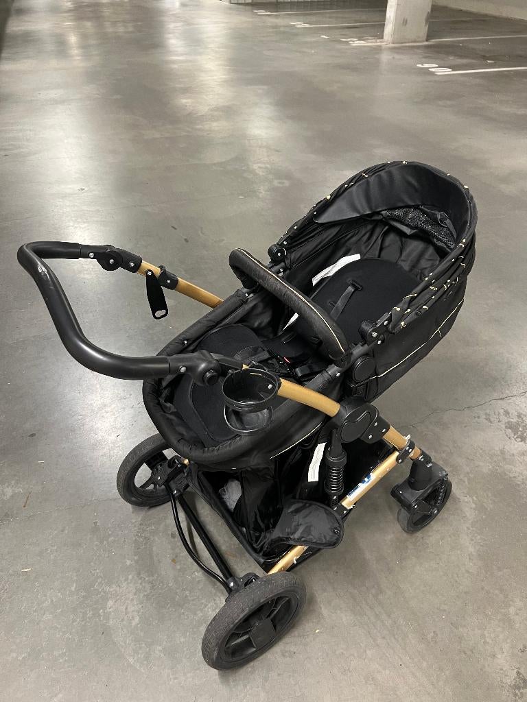 Kinderwagen 2-in-1 (reiswieg + zitje) – zwart met goud frame, Gebruikt, Verstelbare duwstang, Ophalen, Kinderwagen