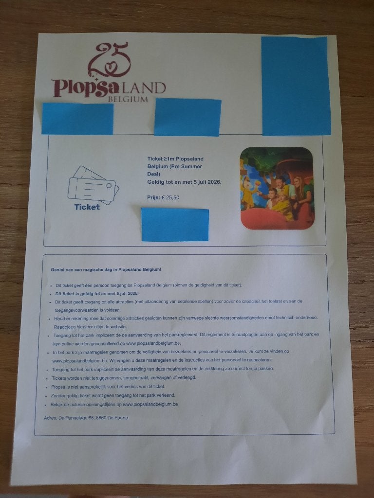 Ticket Plopsaland De Panne, Eén persoon, Ticket of Toegangskaart