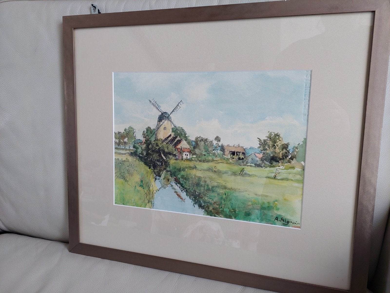 Prachtige aquarel "Molen in Polderlandschap -Andrée Algrain, Enlèvement ou Envoi, Signé, Aquarelle