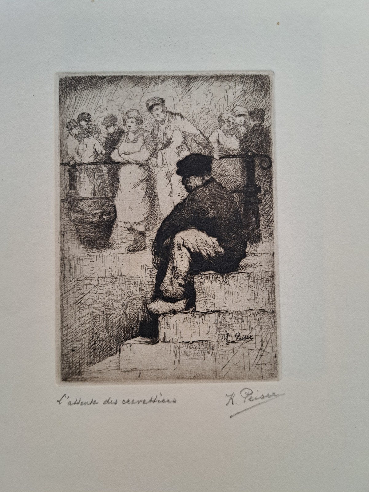 PEISER Kurt "L´attente des crevettiers" ets, Antiquités & Art, Art | Eaux-fortes & Gravures, Enlèvement ou Envoi, Eau-forte, Encadré