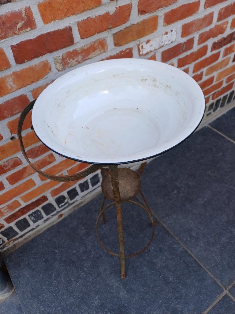 Oude geëmailleerde wasbak op metalen standaard – brocante, Enlèvement
