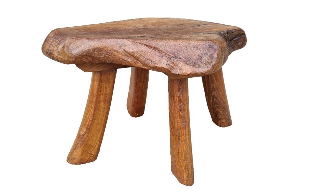 Mid-century handgesneden eiken kruk live edge jaren 50, Antiek en Kunst, Ophalen