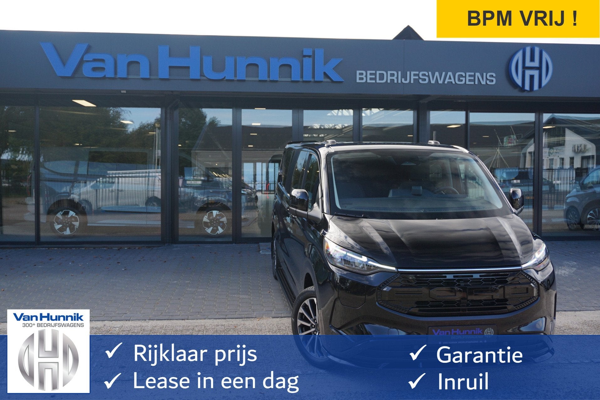 Ford E-Transit Custom 340L JWR Edition DC 71 kWh / 218 PK Ap, Automaat, Gebruikt, 2350 kg, Zwart