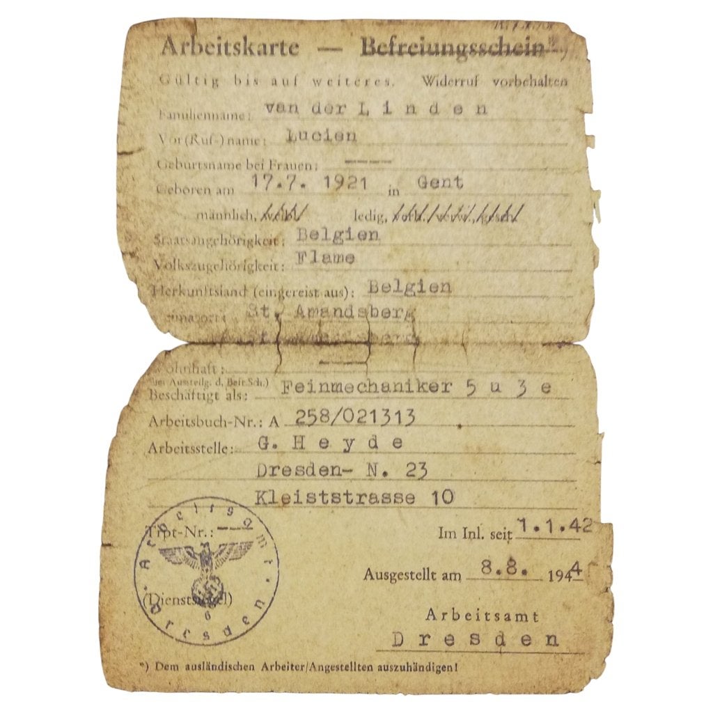 Arbeitskarte — Ouvrier belge à Dresde - 1944, Collections, Enlèvement ou Envoi, Autres, Autres types