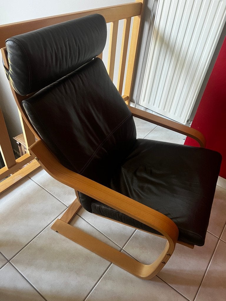 Fauteuil IKEA Poäng avec coussin en cuir marron, Enlèvement, Comme neuf