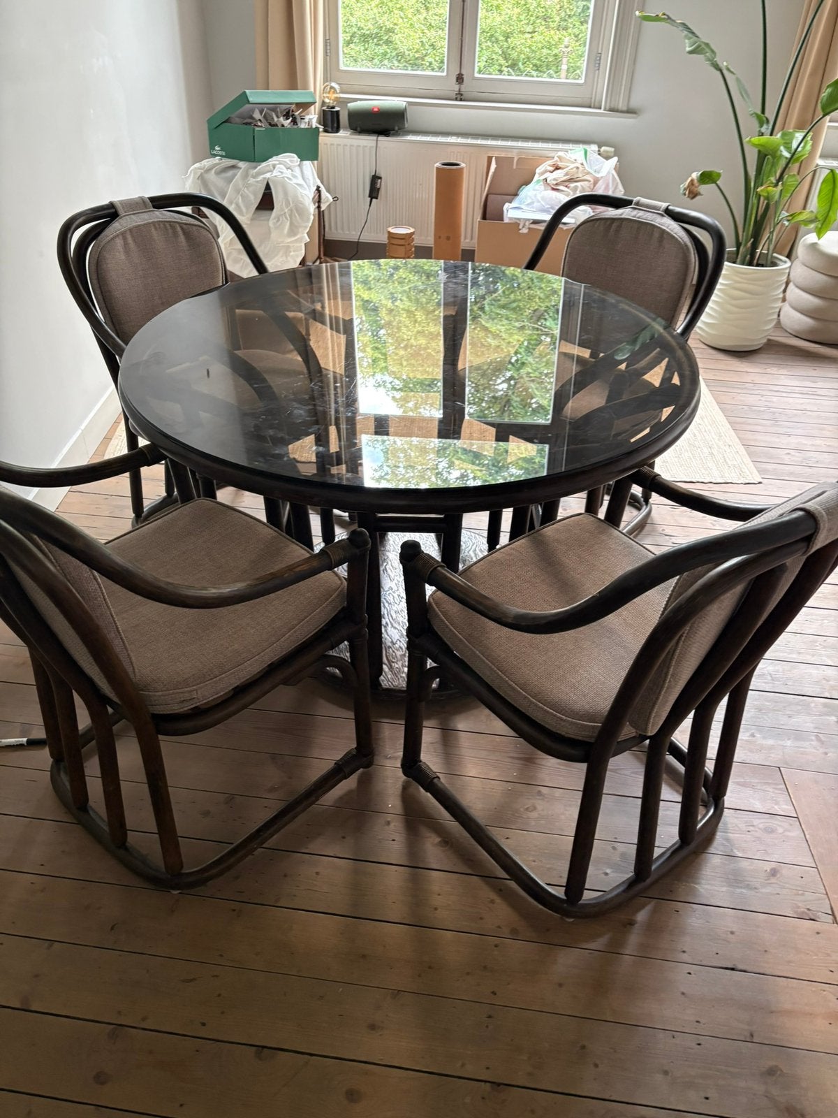 Vintage bamboo eettafel + 4 stoelen, Ophalen