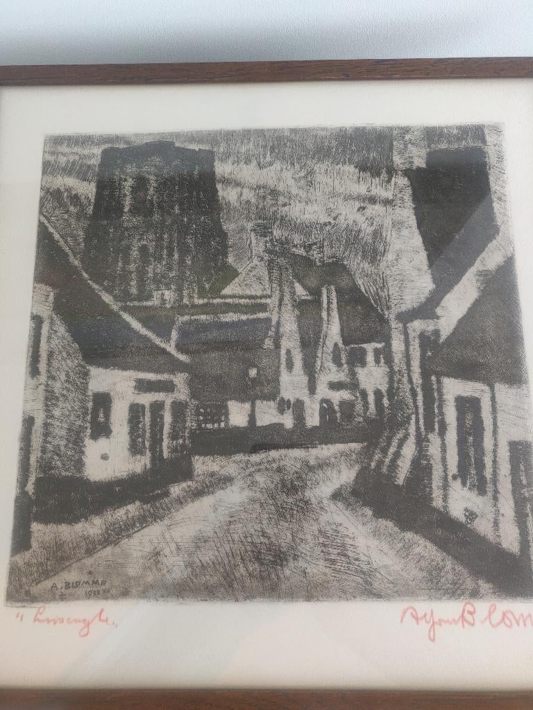 Ets Alfons Blomme, Antiek en Kunst, Ophalen, Ets, Stadsgezicht, 42 cm