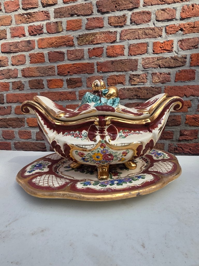 Grote vintage majolica terrine met deksel & schaal, Enlèvement