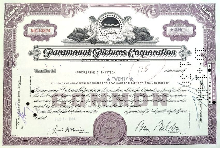Origineel Paramount Pictures aandeel uit 1964, Postzegels en Munten, Ophalen of Verzenden, 1950 tot 1970, Certificaat van aandeel
