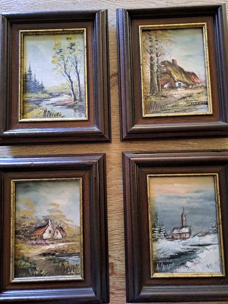 4 olieverf schilderijtjes op doek, Peinture à l'huile, Paysage, Enlèvement, Encadré