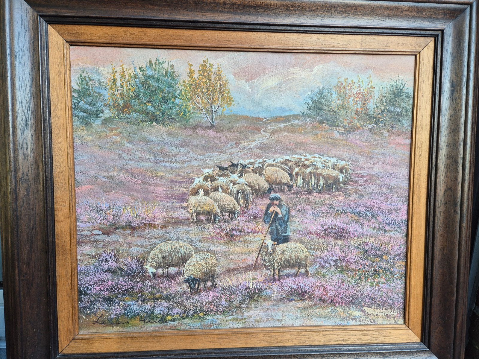 Schilderij: Mijmerende schapenherder op de heide, Enlèvement, Peinture à l'huile, Toile