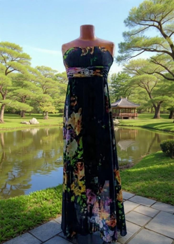 Lange, strapless galajurkL met bloemenprint met riem strass, ANDERE, Galajurk, Zwart, Maat 42/44 (L)