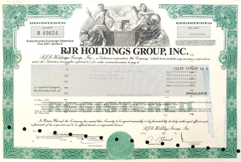 RJR Holdings Group (Camel) Inc. 1989, Enlèvement ou Envoi, 1970 à nos jours, Obligation ou Prêt