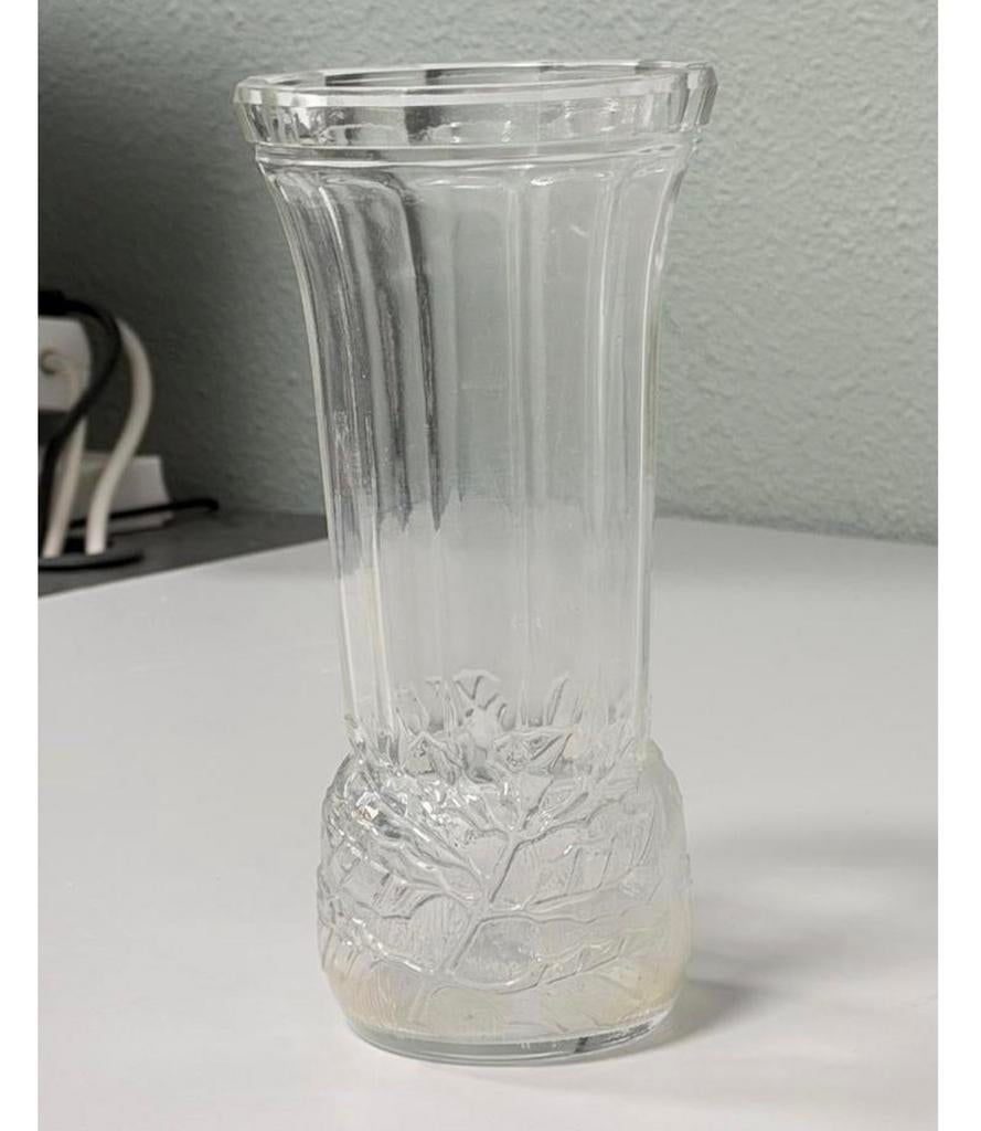 Vintage glazen glas bloemen vaas – reliëf bladeren – 23 cm, Ophalen of Verzenden
