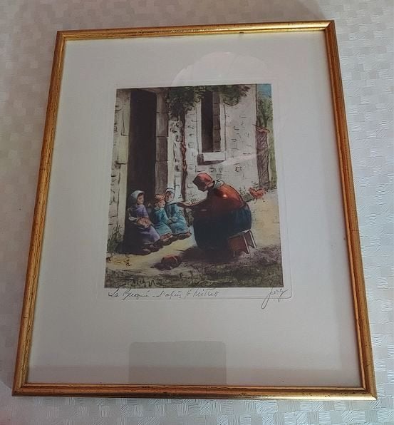 Jean-Francois Millet - La Becquée. Handgekleurde ets., Ophalen of Verzenden, Schilderij