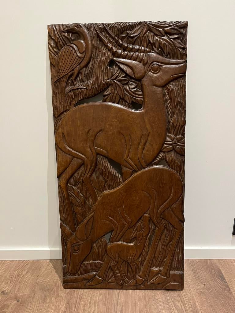 Handgesneden Afrikaans massief houten paneel - 100x48 cm, Mammifère, Afrique, Bois, Enlèvement ou Envoi