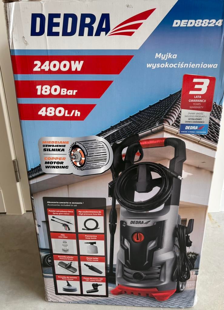 Hogedruk reiniger 2400 W 120/180 bar , 480L/u, 8 m slang, Ophalen, Nieuw, Elektrisch