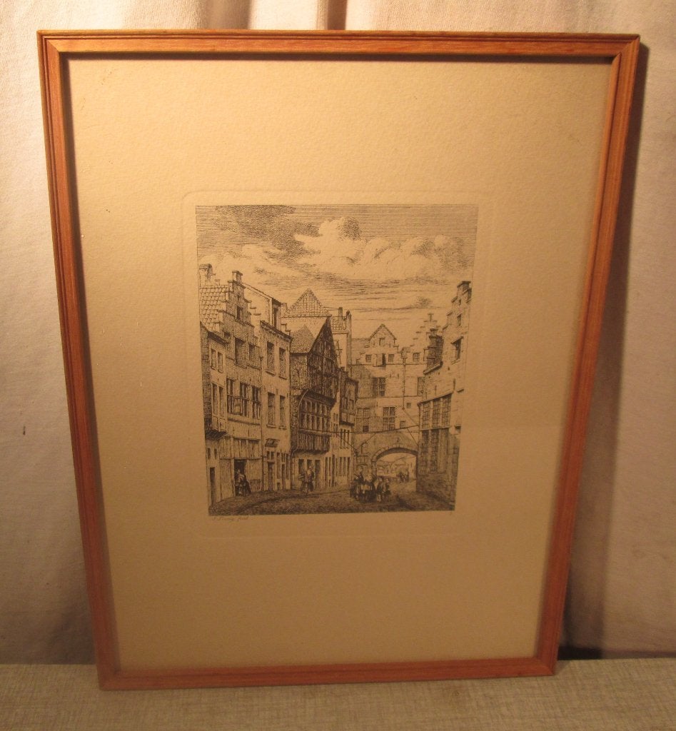 Mooi Oude Gravure 'In de Stad' - Linnig - 34x26, Ophalen of Verzenden, Stadsgezicht, Gravure, Ingelijst