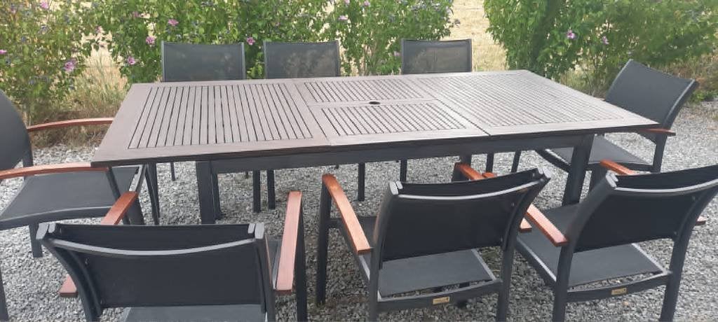 ensemble jardin table alu bois 210cm/100 et  8 chaises, Table à dinner, 8 places, Enlèvement, Utilisé