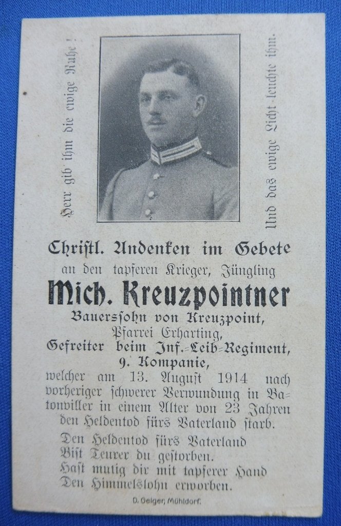 WO1 bidprent/rouwprent Bayerisches Infanterie-Leib-Regiment, Envoi, Armée de terre, Autres types