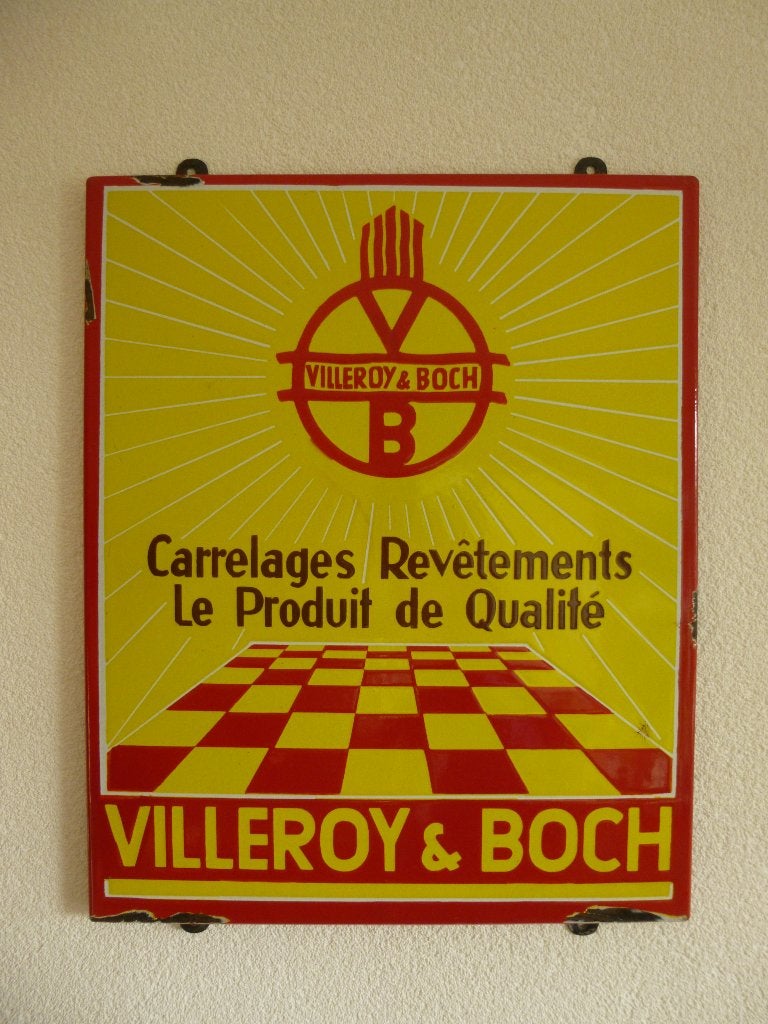 EMAILLE RECLAME BORD"VILLEROY&BOCH TEGELS"UIT JAREN 50/60, Ophalen of Verzenden, Gebruikt, Reclamebord