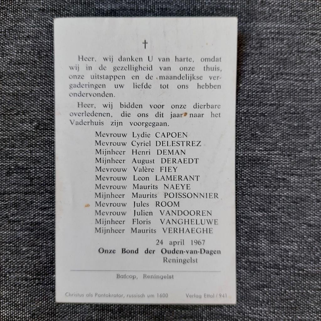 Bidprentje Reningelst 1967, Ophalen of Verzenden, Bidprentje