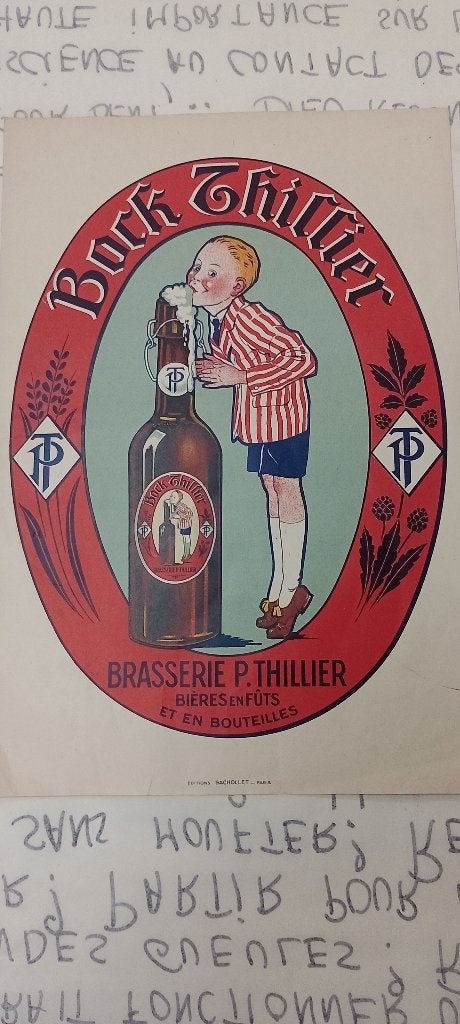 Affiche Vintage Bock Thillier - Brasserie P. Thillier 1926, Collections, Enlèvement ou Envoi, Utilisé, Bouteille(s)